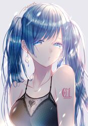  1girl absurdres arm_tattoo bangs bare_arms blue_eyes blue_gemstone blue_hair breasts character_name closed_mouth collarbone earrings gem grey_shirt hatsune_miku highres jewelry long_hair looking_at_viewer medium_breasts namikaze_bon number_tattoo shiny shiny_hair shirt sleeveless sleeveless_shirt solo sparkle tattoo twintails vocaloid 