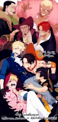  6+boys ^_^ arm_tattoo ascot beard black_gloves black_hair blonde_hair brothers cape closed_eyes coat commentary_request crocodile_(one_piece) cross_pendant deogbab donquixote_doflamingo donquixote_rocinante dracule_mihawk elbow_pads facial_hair feather_cape fur_coat gloves green_ascot hair_slicked_back hat hood korean_commentary makeup male_focus monkey_d._luffy multiple_boys one_piece orange_hat portgas_d._ace red_hair sabo_(one_piece) shanks_(one_piece) short_hair siblings single_elbow_pad sunglasses tattoo yellow_eyes 