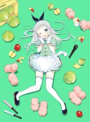  1boy :3 :d apple apron artist_request bird's_eye_view black_hairband black_shoes black_trim blend_s cabbage center_frills collared_shirt commentary_request contrast_collar food frilled_apron frills from_above fruit full_body gloves glowstick green_background green_shirt green_skirt grey_hair hairband hands_up high_heels kanzaki_hideri long_hair long_sidelocks looking_at_viewer lying male_focus microphone miniskirt official_art on_back one_eye_closed open_mouth pig pleated_skirt puffy_short_sleeves puffy_sleeves pumps shirt shoes short_sleeves sidelocks simple_background skirt smile solo stile_uniform surrounded thigh-highs trap waist_apron white_apron white_gloves white_thighhighs 