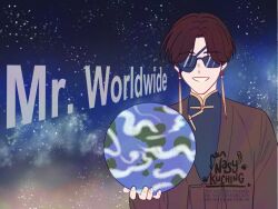  1boy black_shirt brown_jacket cowboy_shot earth_(planet) eyepatch grin holding_planet jacket looking_at_viewer male_focus mandarin_collar nasykuching pitbull_(singer) planet shirt smile solo space sunglasses suo_hayato wind_breaker_(nii_satoru) 