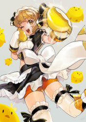  1girl attacking_viewer baby_animal bird black_skirt blonde_hair bow breakblack chick commentary_request frilled_skirt frilled_sleeves frilled_thighhighs frills gloves maid maid_headdress one_eye_closed open_mouth orange_shorts punching punching_viewer senki_zesshou_symphogear short_hair short_sleeves shorts shorts_under_skirt skirt smile solo tachibana_hibiki_(symphogear) thigh-highs white_bow 