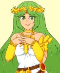 1girl bare_shoulders breasts choker commission commissioner_upload eyebrows_visible_through_hair female_solo green_eyes green_hair hands_together long_hair looking_at_viewer mysticartes necklace palutena parted_bangs smile solo solo_female strapless_dress waist_up white_dress
