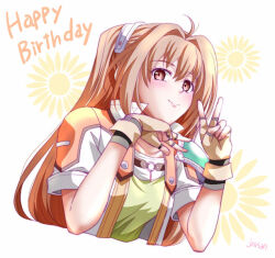  1girl antenna_hair armor artist_name brown_hair commentary_request cropped_jacket eiyuu_densetsu estelle_bright hair_intakes happy_birthday pauldrons shoulder_armor single_pauldron smile sora_no_kiseki sora_no_kiseki_sc twintails v white_background xiacheng_tatsuya 