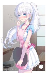  1girl 3: ? adapted_costume alternate_hairstyle apron arrow_(symbol) averting_eyes back_bow blue_eyes blue_sleeves blunt_ends blush border bow clenched_hand closed_mouth commentary_request cowboy_shot embarrassed eyelashes eyes_visible_through_hair floating_hair flying_sweatdrops frilled_skirt frills hair_behind_ear hair_between_eyes hair_ornament hairclip hand_up highres holding holding_tray indoors long_hair looking_up meikyousisui731 miniskirt naruse_shiroha nose_blush outside_border parallel_hairclips pink_apron pink_bow ponytail raised_eyebrows shirt short_sleeves sidelocks skirt solo sound_effects speech_bubble split_mouth spoken_question_mark summer_pockets translation_request tray twitter_username very_long_hair waitress white_border white_hair white_shirt 