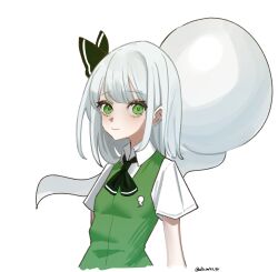  1girl black_bow black_bowtie black_hairband bow bowtie collared_shirt commentary green_eyes green_vest grey_hair hairband highres hitodama konpaku_youmu konpaku_youmu_(ghost) shirt simple_background solo touhou twitter_username uka_miss_qv upper_body vest white_background white_shirt 