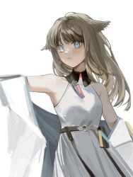  1girl arknights arknights:_endfield bare_shoulders belt blue_eyes blush brown_belt brown_hair chinese_commentary collared_dress commentary_request contrast_collar dress highres jacket long_hair looking_at_viewer off_shoulder parted_lips perlica_(arknights) simple_background sleeveless sleeveless_dress solo white_background white_dress white_jacket yellow_pupils yu56167871 