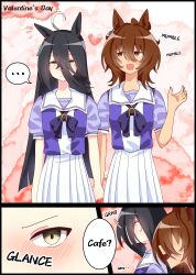  ... 2girls absurdres agnes_tachyon_(umamusume) ahoge animal_ears black_hair blush bntutnn bow bowtie brown_hair chemical_structure commentary dyed_ahoge ear_ornament ear_tag earrings hair_between_eyes hand_blush heart highres holding_hands horse_ears horse_girl jewelry long_bangs long_hair long_hair_between_eyes looking_ahead looking_at_another manhattan_cafe_(umamusume) multicolored_hair multiple_girls open_mouth pleated_skirt purple_bow purple_bowtie purple_sailor_collar purple_serafuku purple_shirt red_eyes sailor_collar sailor_shirt school_uniform serafuku shirt short_sleeves simple_background single_earring skirt smile speech_bubble summer_uniform talking tracen_school_uniform umamusume untranslatable_commentary white_hair white_skirt wolf_cut yellow_eyes yuri 