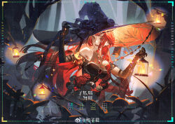  1girl artist_name black_flower black_gloves black_rose chinese_commentary clothing_cutout commentary_request dress elbow_gloves eyelashes fire flower forest gloves hat hat_flower hat_ornament hekouziran holding_lamp large_hat lips long_hair mole mole_under_eye nature night original outdoors red_eyes red_flower red_hair red_lips red_rose rose shoulder_cutout sidelocks solo two-sided_fabric very_long_hair watermark weibo_watermark witch_hat 