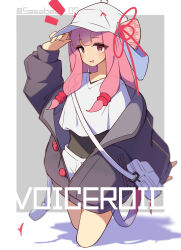  1girl :d arm_up baseball_cap black_jacket blunt_bangs blush border bright_pupils commentary_request copyright_name covered_navel cropped_legs cropped_shirt grey_background hair_ribbon hat highres jacket kotonoha_akane long_hair long_sleeves notice_lines open_clothes open_jacket open_mouth outside_border pink_hair red_ribbon ribbon see-through_hair shirt shorts sidelocks simple_background smile solo tetenka twitter_username voiceroid white_border white_hat white_pupils white_shirt white_shorts 