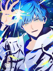  1boy blue_eyes copyright_logo copyright_name copyright_notice highres hood hoodie layered_clothes logo no_lineart official_art onu_(o.n.u) open_mouth second-party_source short_hair smile sparkle strange_eden white_hoodie yellow_eyes yurano_michitaka_(strange_eden) zipper zipper_pull_tab 