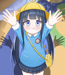  >:( 1girl absurdres aged_down annoyed arms_up bag black_skirt blue_archive blue_eyes blue_shirt blush closed_mouth colored_inner_hair commentary_request flower_pin from_above grey_halo halo hat highres kindergarten_bag kindergarten_uniform korean_commentary long_hair long_sleeves multicolored_hair name_tag pleated_skirt plum_blossom_garden_uniform_(blue_archive) pout saori_(blue_archive) school_hat senkuma777 shadow shirt skirt solo standing two-tone_hair v-shaped_eyebrows yellow_bag yellow_hat 