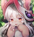  1other :3 androgynous animal_ears bangs blunt_bangs blush body_fur brown_fur claws colored_eyelashes commentary eneru_(enepuni) fake_horns fangs flying_sweatdrops furry green_background grey_hair hands_up helmet horned_helmet horns leaf looking_at_viewer made_in_abyss medium_hair nanachi_(made_in_abyss) orange_eyes outdoors portrait rabbit_ears sidelocks signature smile solo sweat twitter_username whiskers 