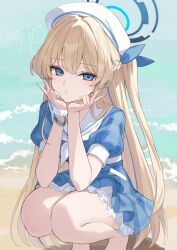  1girl blonde_hair blue_archive blue_eyes blue_halo blue_streaks braid double_v dress elbow_rest frilled_dress frills half_up_braid halo hand_on_own_cheek hand_on_own_face hat head_rest highres long_hair looking_at_viewer multicolored_hair neckerchief plaid_clothes plaid_dress puffy_short_sleeves puffy_sleeves sailor_collar sailor_hat short_sleeves solo squatting streaked_hair takehana_note toki_(blue_archive) v white_neckerchief white_sailor_collar 