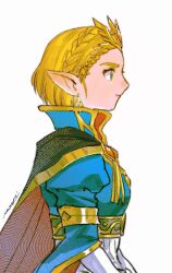  1girl black_cloak blonde_hair blue_shirt braid breasts cloak commentary_request crown crown_braid earrings gold_trim green_eyes highres jewelry layered_sleeves medium_breasts mouyi parted_bangs pointy_ears princess_zelda shirt short_hair signature solo sparkle the_legend_of_zelda the_legend_of_zelda:_breath_of_the_wild upper_body white_background 