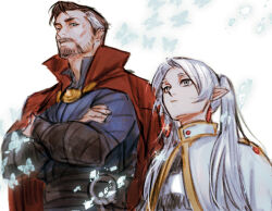  1boy 1girl angry beard belt black_hair blue_butterfly blue_shirt blush brown_hair bug butterfly cape capelet commentary_request cowboy_shot crossed_arms doctor_strange doctor_strange_(series) earrings facial_hair frieren green_eyes jewelry korean_commentary lno408 long_hair long_sleeves looking_at_another marvel multicolored_hair necklace red_cape shirt sousou_no_frieren streaked_hair twintails white_background white_eyes white_hair white_wings wings witch wizard 