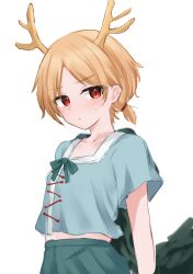  1girl :/ antlers blonde_hair blue_shirt blush closed_mouth commentary_request dakuazu dragon_girl dragon_horns dragon_tail green_scales green_skirt highres horns kicchou_yachie looking_at_viewer ponytail red_eyes scales shirt short_hair short_ponytail short_sleeves simple_background skirt solo sweatdrop tail touhou turtle_shell white_background yellow_horns 