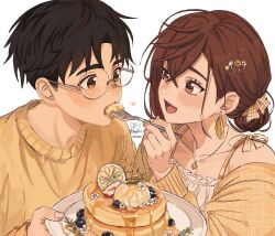  1boy 1girl ayase_momo black_hair blueberry blush bow brown_eyes brown_hair collarbone commentary_request dandadan dress earrings eating feeding food fork fruit glasses hair_between_eyes hair_bun hair_ornament highres holding holding_fork holding_plate holding_spoon jewelry lemon long_sleeves looking_at_another medium_hair nandemo_unknown necklace off_shoulder open_mouth pancake pancake_stack plate shirt short_hair simple_background single_hair_bun smile spoon sweater takakura_ken_(dandadan) upper_body white_background white_dress 