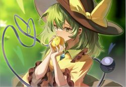  1girl apple arong black_hat bow buttons chinese_commentary collared_shirt commentary_request diamond_button disembodied_linked_eye food frilled_shirt_collar frills fruit green_eyes grey_hair hair_between_eyes hands_up hat hat_bow heart heart_of_string holding holding_food holding_fruit komeiji_koishi long_sleeves medium_hair shirt solo touhou touhou_lost_branch_of_legend upper_body wide_sleeves yellow_bow yellow_shirt 