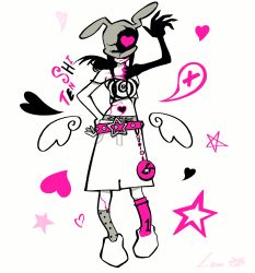  1girl absurdres alien_stage angel_wings animal_ear_headwear animal_ears asymmetrical_legwear belt camisole commentary full_body grey_hair grey_socks hand_on_own_hip head_down heart highres lem_tako mini_wings mismatched_legwear mismatched_socks official_alternate_costume panties panty_peek pink_belt pink_socks polka_dot polka_dot_socks rabbit_ear_headwear rabbit_ears romaji_text shorts socks solo spiral_print spoken_x star_(symbol) strap_slip sua_(alien_stage) sua_(zombie_stage) underwear white_background white_camisole white_shorts wings zombie_stage 
