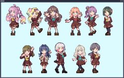  6+girls ;) ahoge anyoji_hime aqua_eyes aqua_neckerchief black_choker black_hair black_pantyhose black_socks blonde_hair blue_background blue_eyes blue_hair blunt_bangs blunt_ends bob_cut brown_dress brown_hair brown_shoes ceras_yanagida_lilienfeld choker clenched_hand clenched_hands commentary_request double_v dress everyone flower fujishima_megumi full_body gradient_hair green_eyes grey_hair hair_bun hair_flower hair_intakes hair_ornament hair_ribbon hasu_no_sora_school_uniform hellomegu! highres hinoshita_kaho hira_65536 hood hooded_jacket jacket jellyfish_cut kachimachi_kosuzu katsuragi_izumi long_hair long_sleeves looking_at_viewer love_live! love_live!_hasu_no_sora_jogakuin_school_idol_club medium_dress momose_ginko multi-tied_hair multicolored_hair multiple_girls murano_sayaka neckerchief one_eye_closed open_clothes open_hand open_jacket orange_eyes orange_hair osawa_rurino otomune_kozue outstretched_arm pantyhose pink_eyes pink_flower pink_hair pink_jacket pink_ribbon pixel_art ponytail purple_hair raised_fist red_flower red_neckerchief ribbon sailor_collar sailor_dress school_uniform shoes short_hair side_ponytail sidelocks simple_background single_side_bun smile socks standing star_(symbol) star_hair_ornament twintails two_side_up v v_over_head violet_eyes virtual_youtuber white_sailor_collar winter_uniform yellow_neckerchief yugiri_tsuzuri 