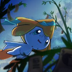  1other applecandy_prpr bamboo blue_eyes colored_skin commentary_request floating full_body highres jirachi looking_at_viewer night open_mouth other_focus outdoors pokemon pokemon_(creature) scared sky solo star_(sky) starry_sky tanzaku white_skin 