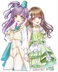  2girls animification be_proud_(love_live!) brown_eyes brown_hair buttons commentary_request cowboy_shot cropped_jacket cropped_legs double-breasted dress earrings flower flower_earrings gloves green_dress green_eyes green_hat hana_sakeba_yume_kakeru hanamiya_nina hat highres holding holding_flower holding_hands jacket jewelry long_hair long_sleeves looking_at_viewer love_live! love_live!_hasu_no_sora_jogakuin_school_idol_club love_live!_hasu_no_sora_jogakuin_school_idol_club_bloom_garden_party meiji_(mosamoo3) mini_hat mini_top_hat mole mole_under_eye multiple_girls otomune_kozue pants puffy_long_sleeves puffy_sleeves purple_hair real_life shirt short_dress sidelocks simple_background sleeveless sleeveless_jacket striped_clothes striped_dress top_hat vertical-striped_clothes vertical-striped_dress vest virtual_youtuber voice_actor voice_actor_connection white_background white_flower white_gloves white_jacket white_pants white_shirt white_vest 