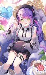  1girl :d absurdres aoha_(aohasora) balloon beret bibi_(tokoyami_towa) birthday_cake black_bow black_bowtie black_hat black_skirt bow bowtie cable_knit cake cardigan chair collared_shirt colored_inner_hair commentary_request confetti cross-laced_clothes cross-laced_sleeves demon_girl demon_tail fake_horns food frilled_shirt frilled_sleeves frills green_eyes grey_cardigan hand_up happy_birthday hat heart heart_balloon heart_o-ring high-waist_skirt highres hololive horned_headwear horns indoors jirai_kei leg_tattoo long_hair loose_socks miniskirt multicolored_hair o-ring o-ring_thigh_strap off_shoulder official_alternate_costume official_alternate_hairstyle on_chair open_mouth pink_hair pleated_skirt pointy_ears pom_pom_(clothes) purple_hair shirt short_sleeves sitting skirt smile socks solo suspender_skirt suspenders swept_bangs tail tattoo thigh_strap tokoyami_towa tokoyami_towa_(jirai_kei) twintails virtual_youtuber white_shirt white_socks winged_heart winged_heart_tattoo 