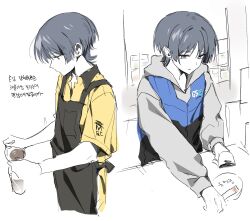  1boy alternate_costume apron barcode_scanner black_apron blue_apron blunt_ends bright_pupils casual cherry_(sp_gkdla) collared_shirt colored_skin contemporary eyeliner genshin_impact grey_eyes grey_hair grey_hood grey_hoodie grey_sleeves half-closed_eyes highres holding hood hood_down hoodie indoors long_sleeves makeup male_focus multiple_views open_mouth parted_lips red_eyeliner scaramouche_(genshin_impact) shirt short_sleeves solo store_clerk tsurime undershirt white_mouth white_pupils white_skin wolf_cut yellow_shirt yellow_sleeves 