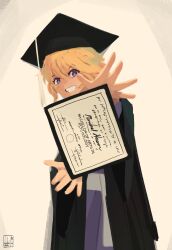  1girl academic_regalia black_hat black_robe blonde_hair blush character_name commentary cowboy_shot diploma dress dushiido english_commentary english_text graduation grin hat hat_tassel highres long_sleeves looking_at_viewer maribel_hearn mortarboard open_mouth purple_dress robe sash signature smile solo touhou violet_eyes white_background white_sash 