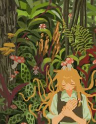  1girl absurdres blonde_hair blush brown_vest closed_eyes collared_shirt creature creature_on_head facing_viewer forest gaiyonghunichengyinshexianweiguiwufaxianshi highres kirisame_marisa long_hair missing_headwear mushroom nature open_mouth shirt short_sleeves smile solo touhou tree vest white_shirt 