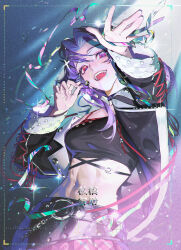  1girl absurdres artist_name beads belt black_belt chain chinese_commentary commentary_request confetti cowboy_shot crop_top eyelashes fingernails headset hekouziran highres jacket long_hair long_sleeves looking_at_viewer midriff navel o-ring open_hands open_mouth original parted_bangs purple_hair solo teeth tongue upper_teeth_only violet_eyes watermark 