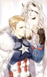  1boy animal arm_up black_gloves blonde_hair blue_eyes captain_america captain_america_(series) closed_mouth coat commentary fingerless_gloves fur-trimmed_collar fur_trim gloves highres horse long_sleeves male_focus marvel medium_sideburns parted_hair short_hair sideburns simple_background smile solo star_(symbol) superhero_costume uniiii upper_body very_short_hair white_background white_coat white_horse 