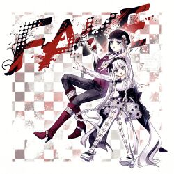  1boy 1girl 2ruvery belt black_bow black_eyes black_hat black_pants black_vest blush bone_bracelet boots bow bracelet braid breasts coat colored_inner_hair cup disposable_cup dress fate/strange_fake fate_(series) francesca_prelati_(fate) francois_prelati_(fate) garter_straps grey_hair hair_bow hat high_heel_boots high_heels highres jewelry long_hair long_sleeves looking_at_viewer multicolored_hair necktie newsboy_cap open_mouth pants pantyhose parted_bangs red_boots red_coat red_shirt ringed_eyes sash shirt short_hair sidelocks skull_print small_breasts smile twin_braids very_long_hair vest white_dress white_hair white_pantyhose white_shirt white_sleeves 