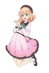  1girl absurdres aoiao aqua_eyes beret brown_hat collared_dress commentary_request contrast_collar dream_believers dress flower_hands full_body green_ribbon hair_ornament hat highres hinoshita_kaho jumping looking_at_viewer love_live! love_live!_hasu_no_sora_jogakuin_school_idol_club medium_hair neck_ribbon orange_hair pink_dress rabbit_hair_ornament ribbon rounded_collar simple_background socks solo teeth two_side_up upper_teeth_only virtual_youtuber white_background white_socks 