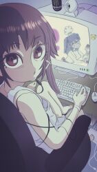  2girls absurdres alligator_clip brown_eyes brown_hair chair chef chef_hat computer_keyboard computer_mouse dress hair_ornament hairclip hat highres holding holding_plate iwakura_lain lacey_(lacey_games) looking_at_viewer looking_back monster_energy multiple_girls office_chair on_chair plate serial_experiments_lain short_hair_with_long_locks sitting smile sticker swivel_chair watching_movie webcam weeabuddhaboo white_dress wire 