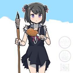  1girl :t bare_arms bare_shoulders black_dress black_hair blue_background blush bow chewing closed_mouth collared_shirt cowboy_shot dot_nose double_bun dress eating food food_bite grey_shirt hair_bow hair_bun holding holding_food holding_polearm holding_weapon kuroe_(madoka_magica) looking_at_viewer magia_record:_mahou_shoujo_madoka_magica_gaiden mahou_shoujo_madoka_magica meat outline pinafore_dress pink_bow pleated_dress polearm school_uniform shirt short_dress short_hair signature sleeveless sleeveless_dress sleeveless_shirt solo spear torn_clothes torn_dress torn_shirt two-tone_background usagikoya violet_eyes watermark weapon white_background white_outline 