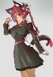  1girl animal_ear_fluff animal_ears black_bow bow braid cat_ears cat_tail dress extra_ears gradient_background green_dress grey_background grin hair_bow highres kaenbyou_rin long_hair long_sleeves looking_at_viewer multiple_tails nekomata pointy_ears rampa93 red_eyes red_hair single_paw_pose smile solo tail touhou twin_braids two_tails 