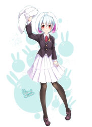  1girl animal_ears black_pantyhose blazer blue_hair collared_shirt commentary_request dated floppy_ears full_body furim hat highres holding holding_unworn_clothes holding_unworn_hat jacket long_sleeves looking_at_viewer necktie open_mouth pantyhose pleated_skirt purple_shoes rabbit_ears rabbit_girl red_eyes red_necktie reisen_(touhou_bougetsushou) shirt shoes short_hair signature skirt smile solo touhou unworn_hat unworn_headwear white_skirt 