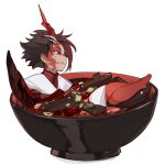 1boy bare_legs barefoot black_hair character_request chibi code009 colored_skin food food_request from_side frown horns in_bowl in_container in_food japanese_clothes kimono legs_up looking_away male_focus multicolored_hair multicolored_skin partially_submerged profile red_eyes red_skin redhead shanhai_jing_hua short_hair simple_background single_horn sitting solo soup streaked_hair undershirt white_background white_kimono 