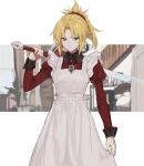 1girl absurdres alternate_costume apron apron_hold apron_tug bangs blonde_hair braid clarent_(fate) crimsonknigh_t dress enmaided fate/grand_order fate_(series) french_braid frilled_apron frills green_eyes hair_ornament hair_scrunchie high_ponytail highres holding holding_weapon long_dress long_sleeves maid maid_apron mordred_(fate) ponytail puffy_long_sleeves puffy_sleeves red_dress red_scrunchie scrunchie sidelocks solo standing sword weapon white_apron 