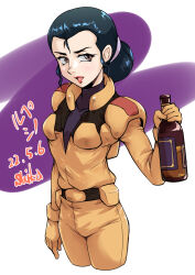  1girl 2022 belt black_hair bottle brown_eyes commentary_request dated gloves green_eyes gundam hairband highres holding holding_bottle looking_at_viewer lupe_cineau mecha_pilot_suit open_mouth red_lips saika_(pixiv43370196) science_fiction signature talking victory_gundam wine_bottle zanscare 