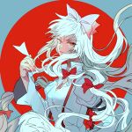  1girl av_(abusive) bow bright_pupils closed_mouth expressionless fingernails floating_hair fujiwara_no_mokou hair_bow hand_up holding holding_paper long_hair long_sleeves looking_at_viewer paper red_bow red_eyes shirt solo suspenders touhou tsurime upper_body very_long_hair white_hair white_pupils white_shirt wide_sleeves 
