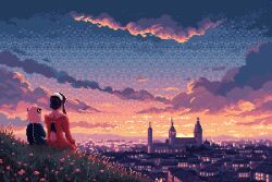  2girls animated animated_gif anya_(spy_x_family) back_cutout black_dress black_hair blue_sky city cityscape clothing_cutout clouds cloudy_sky colorful_clouds commentary deathcomequickly dithering dress dusk earrings english_commentary floating_hair from_behind gift_art gradient_sky grass hair_bun hairband hairpods jewelry long_sidelocks long_sleeves mother_and_child mother_and_daughter multiple_girls on_ground orange_sky outdoors parent_and_child pink_hair pixel_art purple_sky red_sweater short_hair side-by-side sidelocks sitting sky spy_x_family sunlight sweater white_hairband wide_shot wind yor_briar 