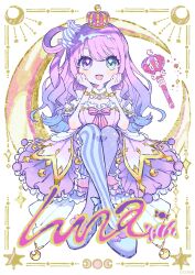  :d absurdres ahoge asymmetrical_legwear blue_hair blue_shoes bracelet candy_hair_ornament character_name commentary_request crescent crescent_necklace crossed_ankles crown detached_collar dress food-themed_hair_ornament frilled_dress frilled_thighhighs frills full_body gold_bracelet gold_crown gradient_hair green_eyes hair_ornament hair_rings heterochromia high_heels highres himemori_luna himemori_luna_(1st_costume) hololive jewelry kiato knees_up long_hair looking_at_viewer mismatched_legwear multicolored_hair necklace off-shoulder_dress off_shoulder official_art one_side_up open_mouth pink_dress pink_hair print_thighhighs puffy_short_sleeves puffy_sleeves purple_thighhighs shoes short_dress short_sleeves single_hair_ring sitting smile starry_sky_print striped_clothes striped_thighhighs thigh-highs vertical-striped_clothes vertical-striped_thighhighs violet_eyes virtual_youtuber wavy_hair 