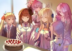  6+girls absurdres blonde_hair braid brown_hair cake camera closed_eyes closed_mouth commentary food fox_mask grey_hair heaven_burns_red highres holding holding_camera kiryuu_miya kr_woyue kura_satomi lolita_fashion long_hair maid_headdress mask multiple_girls ogasahara_hisame one_eye_closed open_mouth pink_eyes pink_hair ponytail purple_hair school_uniform shirakawa_yuina shirt strawberry_cake sugawara_chie tsukishiro_monaka untranslatable_commentary white_shirt yellow_eyes 
