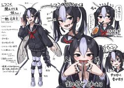  1girl antennae arthropod_girl arthropod_limbs black_eyes black_hair black_shirt black_skirt cup holding holding_cup insect_wings kumano_plan mosquito_girl multicolored_hair original red_nails school_uniform shirt skirt two-tone_hair wings 