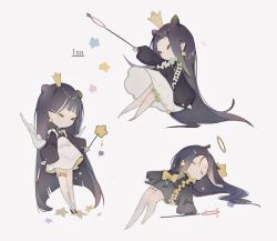  1girl black_hair chibi crown dress earrings gold_crown highres hololive hololive_english jewelry lazysunnyzzz long_hair long_sleeves multiple_views ninomae_ina'nis pointed_crown pointy_ears puffy_sleeves solo star_(symbol) star_earrings star_wand tentacle_hair thigh_scrunchie very_long_hair virtual_youtuber white_dress 