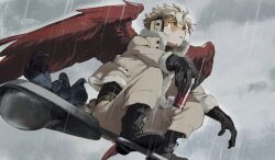  1boy beard_stubble bird black_boots black_gloves blonde_hair boku_no_hero_academia boots can clouds cloudy_sky crow drink_can facial_hair feathered_wings full_body fur-trimmed_jacket fur_trim gloves grey_jacket grey_pants hawks_(boku_no_hero_academia) highres holding holding_can jacket konekutozzzzz lamppost male_focus pants parted_bangs parted_lips rain red_wings safety_glasses short_hair sky solo squatting stubble tinted_eyewear wavy_hair wet wings yellow-tinted_eyewear 