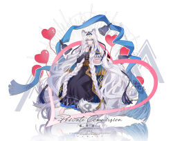  1girl absurdly_long_hair absurdres animal_ear_fluff animal_ears arknights axiuya balloon barefoot bell birthday_cake black_dress blue_shawl bow braid bright_pupils cake chinese_commentary chromatic_aberration closed_mouth commentary_request commission dress english_text feet food full_body gold_jewelry green_eyes grey_hair hagoromo happy_birthday heart_balloon highres holding holding_plate holding_spoon long_dress long_hair long_sleeves medallion mihuashi_commission plate pramanix_(arknights) pramanix_the_prerita_(arknights) reflection reflective_floor sample_watermark shawl smile solo spoon tassel toes twin_braids very_long_hair watermark white_background white_bow white_pupils 