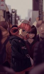  1girl absurdres black_coat blue_eyes blunt_bangs cigarette city cityscape coat commentary dress faceless faceless_female faceless_male hair_rings hat highres looking_at_viewer multiple_boys multiple_girls nurse nurse_cap nurse_joy obi3 pink_hair pokemon solo_focus twitter_username 